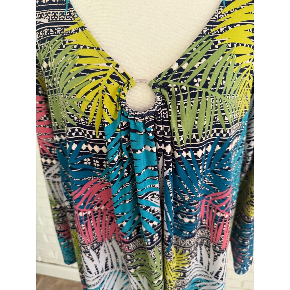 Ruby Rd. Tunic Top Women 2X Multicolor Excellent Tropical Palm O-Ring 3/4 Sleeve - Picture 3 of 6